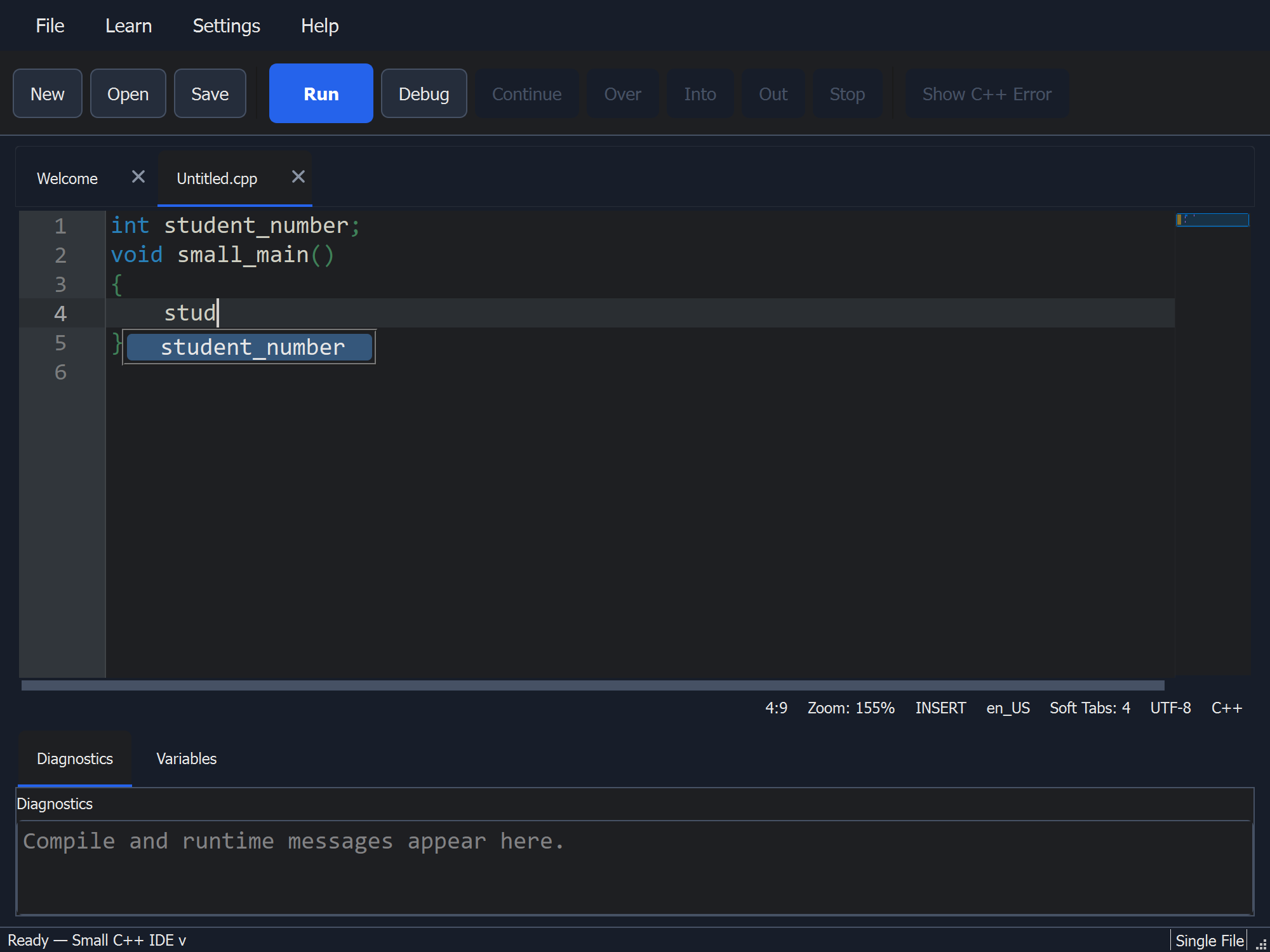 Small C++ desktop IDE with learner code completion, Run and Debug controls, and diagnostics