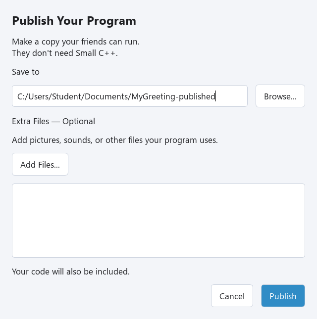 Choose a new destination folder, then press Publish.